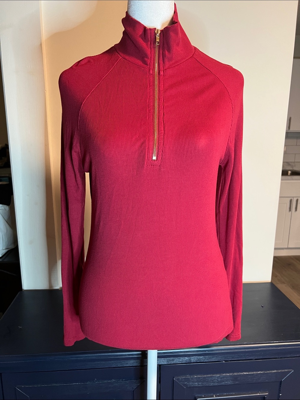 STYLEWE Ribbed Half-Zip Long Sleeve Top - Red Size M